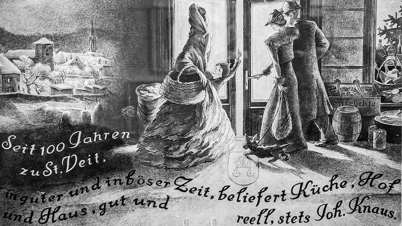 100 Jahre nach der Geschäftseröffnung betont die Werbung die „reelle“ Belieferung: „In guter und in böser Zeit, beliefert Küche, Hof und Haus, gut und reell, stets Joh. Knaus“.  (Bild: Alexander Wojda)