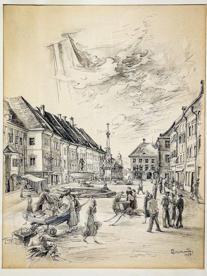 Richard Knaus drew this view of the main square. He had studied painting in Graz and Düsseldorf, ...