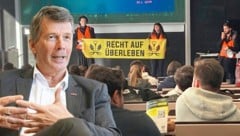 Die Letzte Generation unterbrach eine Lehrveranstaltung an der TU Graz – das ließ den Geduldsfaden von Rektor Horst Bischof reißen. (Bild: Krone KREATIV/Letzte Generation Österreich, Sepp Pail)