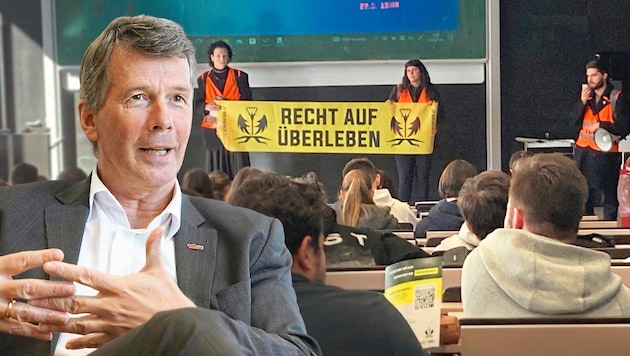 The Last Generation interrupted a lecture at Graz University of Technology - this caused Rector Horst Bischof's patience to break. (Bild: Krone KREATIV/Letzte Generation Österreich, Sepp Pail)
