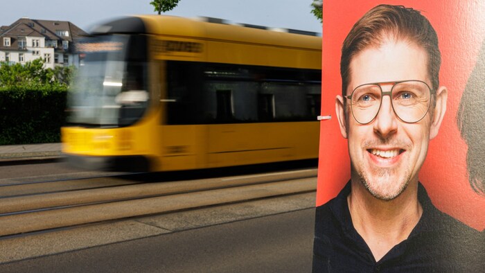 SPD-Politiker Matthias Ecke auf einem Plakat in Dresden in der Schandauer Straße, wo er ...