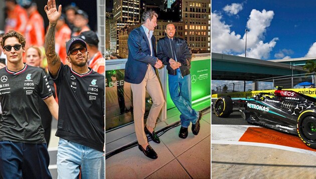 Hamilton fell behind Russell (far left). Toto Wolff (middle picture) is fed up with Lewis' nagging. The Mercedes was also too lame in Miami (far right). (Bild: AP/CLIVE MASON)