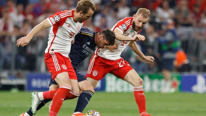 Konrad Laimer (ganz rechts) im CL-Halbfinal-Hinspiel gegen Real Madrid