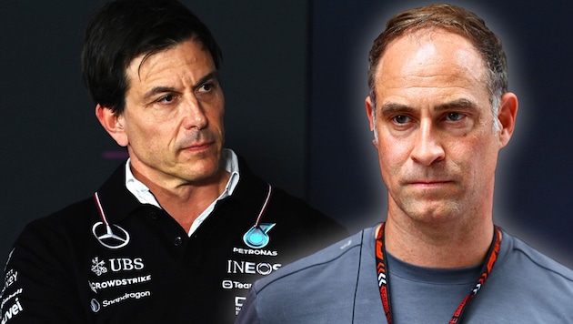 Mercedes team boss Toto Wolff (left) and Red Bull CEO Oliver Mintzlaff attack each other verbally. (Bild: GEPA pictures, APA/Getty Images via AFP/GETTY IMAGES/Mark Thompson)