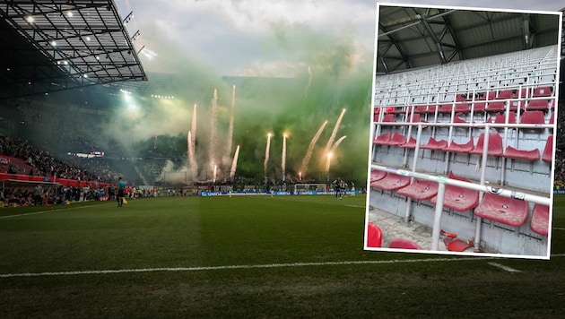 Die Rapid-Fans machten beim Cupfinale in Klagenfurt Stimmung, hinterließen allerdings ein Bild der Zerstörung. (Bild: GEPA, Claudio Trevisan)