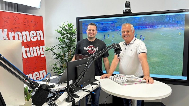 Patrick Jochum und Gunter Motz im „Krone“-Studio in Klagenfurt; mit Berichten, Infos, Analysen, Gesprächen. (Bild: zVg)