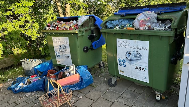 „Tatort“ Marzerstraße: Die Container werden von Müllsündern gerne missbraucht, um sich ihres Hausrats zu entledigen. Von Mülltrennung ist hier keine Spur mehr. (Bild: zVg)