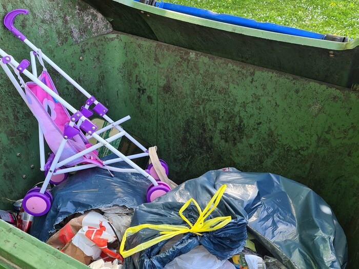 Puppenwagerl im Müllcontainer.
