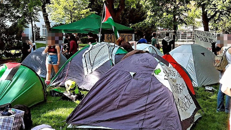 Seit Montag gab es das Protestcamp beim Alten AKH, in der Nacht auf Donnerstag wurde es schließlich geräumt. (Bild: instagram.com/palaestinasolidaritaet.at)