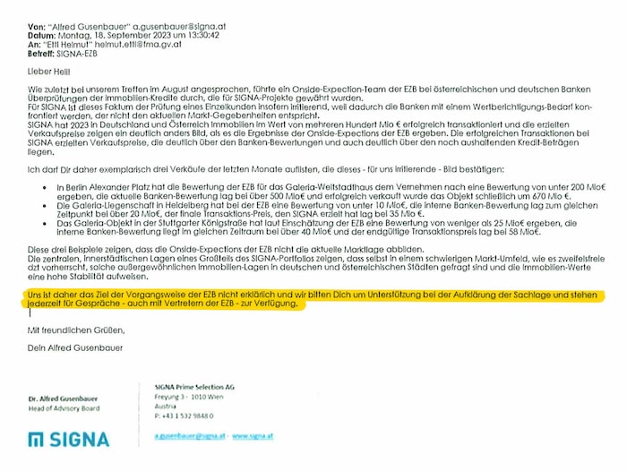 „Betreff Signa-EZB“: Gusenbauers Schreiben an den Chef der Finanzmarktaufsicht