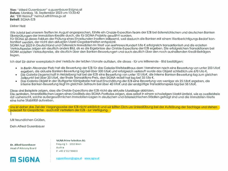 "Signa-EZB ile ilgili": Gusenbauer'in Mali Piyasa Otoritesi başkanına mektubu (Bild: zVg)