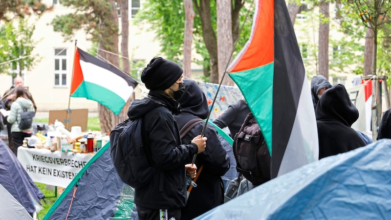 Weder vom Regen noch von Kritikern ließen sich die etwa 40 Aktivisten auf dem Protest-Camp im Alten AKH beirren – und protestierten einfach weiter. (Bild: Groh Klemens)