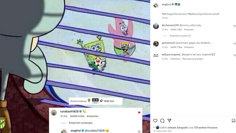 SpongeBob und Freund Patrick Star – ein Beweis fürs Schummeln? (Bild: Screenshot/Instagram_wsgtirol)