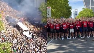 Der Mannschaftsbus von Real Madrid fährt Richtung Stadion – und die Fans spielen verrückt. Die Bayern-Fans (re.) versuchen, akustisch dagegenzuhalten. (Bild: Twitter.com)