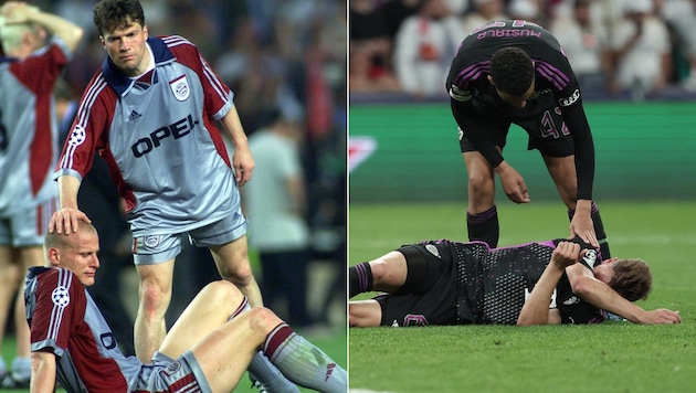 Trauma 1999 (links): Lothar Matthäus und Carsten Jancker wollen‘s nicht wahrhaben. Trauma 2024 (re.): Jamal Musiala und Joshua Kimmich sind am Boden zerstört. (Bild: AFP/APA/Thomas COEX, AP)