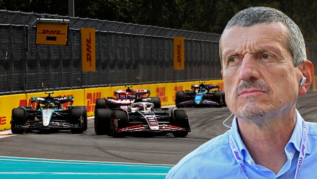 Günther Steiner (r.) kritisierte Kevin Magnussens (m.) Manöver gegen Lewis Hamilton (l.). (Bild: APA Pool/APA/AFP/ANDREJ ISAKOVIC/GETTY IMAGES/Chris Graythen)