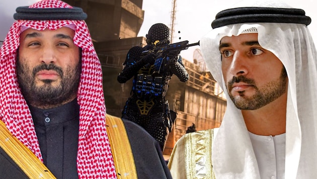 Saudi Arabia's Mohammed Bin Salman and Hamdan bin Muhammad Al Maktum from Dubai want to turn their countries into strongholds for video game development. (Bild: Krone KREATIV/APA/AFP/UAE‘s Ministry of Presidential Affairs; APA/Saudi Ministry of Media; Activision-Blizzard)