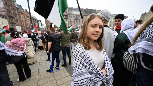 Greta Thunberg bei einem Protest gegen Israels Teilnahme am Eurovision Song Contest in Malmö am 9. Mai. (Bild: AFP/APA/TT NEWS AGENCY/Johan NILSSON)