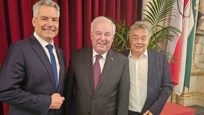 Hermann Schützenhöfer im Mittelpunkt: Nehammer und Kogler gratulieren zum Orden.