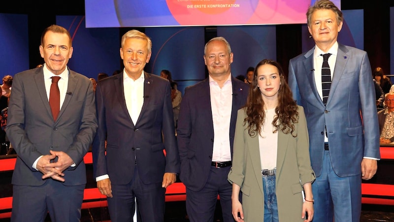 Geçici sonuçlara göre önde gelen adaylar şöyle: Harald Vilimsky (FPÖ), Reinhold Lopatka (ÖVP), Andreas Schieder (SPÖ), Lena Schilling (Yeşiller), Helmut Brandstätter (NEOS). (Bild: Klemens Groh)