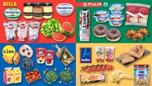 Wer bei der Produktauswahl flexibel ist und auf Aktionen achtet, kann bei allen Lebensmittelketten um unter zehn Euro einiges bekommen. (Bild: Krone KREATIV/Billa, Spar, Lidl, Hofer)