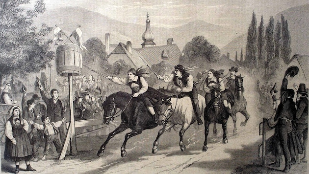 Wenn das Reiterlied erklingt, ist Kirchtag, und der wird im Gailtal auf besondere Art begangen: mit dem Kufenstechen. Der Holzstich aus 1880 zeigt auch eine Reiterin.  (Bild: Hörmann GailtalMuseum)