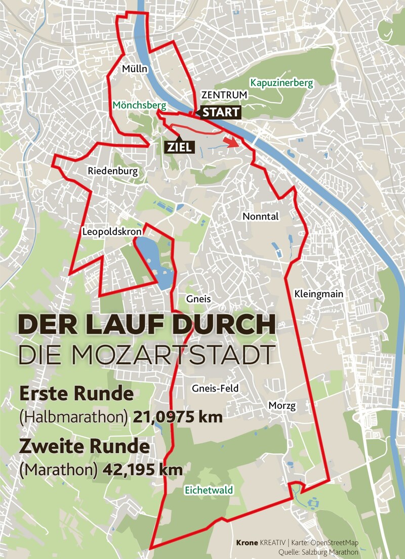 Die Strecke des Salzburg Marathons am Sonntag.  (Bild: Krone KREATIV)