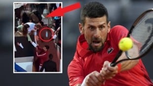 Auf Videos in den sozialen Medien war zu sehen, wie Novak Djokovic auf dem Weg aus dem Stadion Autogramme schrieb, als eine Flasche auf seinen Kopf fiel ... (Bild: AP)