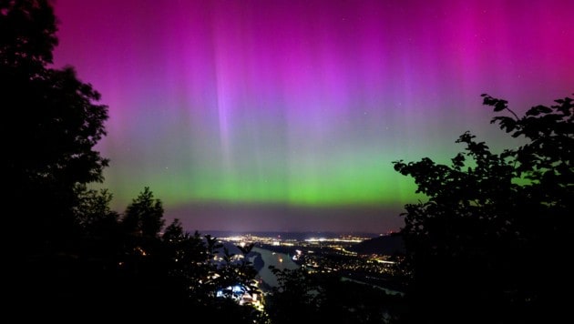 Prächtige Polarlichter leuchteten in der Nacht auf Samstag auch über Klosterneuburg und Korneuburg. (Bild: APA/Max Slovencik)