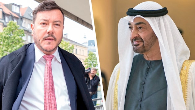 Az Abu Dhabi trónörököse, Mohamed bin Zayed Al Nahyan (jobbra) körüli uralkodó család milliókat követel vissza az ingatlanzsonglőr Benkótól. (Bild: APA Krone KREATIV,)