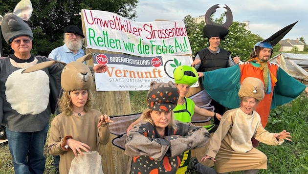 Aktivisten um Doris Holler-Brucker (Mitte) sind wie damals verkleidet. Auch Reinhard Bödenauer von der Katholischen Aktion unterstützt den Widerstand. (Bild: zVg)