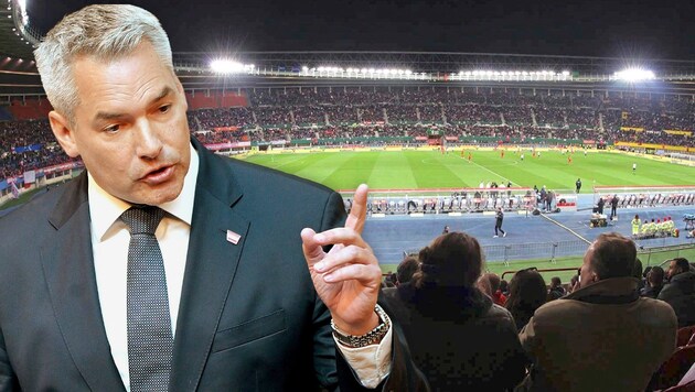 Viszlát Prater Stadion? Karl Nehammer kancellár (ÖVP) indította el a vitát egy új nemzeti stadionról. (Bild: GEPA pictures ROLAND SCHLAGER Krone KREATIV,)