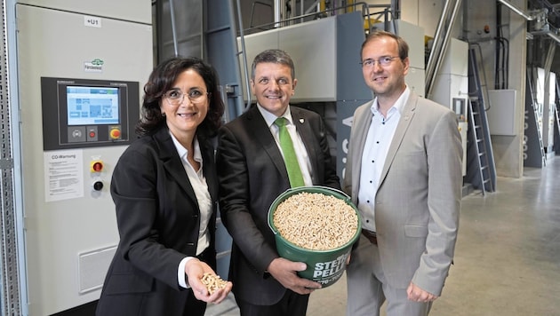 Pro-Pellets-Geschäftsführerin Doris Stiksl, Bürgermeister Franz Jost, Franz Friedl (Stadtwerke) (Bild: Pail Sepp)