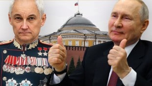 Andrej Beloussow (links) ist in Zukunft für die militärischen Erfolge in der Ukraine verantwortlich. (Bild: Krone KREATIV/APA/AFP/SPUTNIK/Gavriil GRIGOROV)