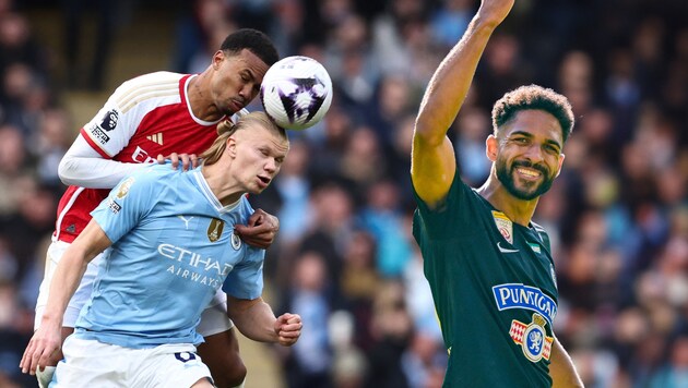 Manchester City und Arsenal rittern am letzten Spieltag im Fernduell um Englands Krone, Sturm Graz (hier Wüthrich) will Salzburg entthronen. (Bild: AFP/APA/Darren Staples, GEPA Pictures)