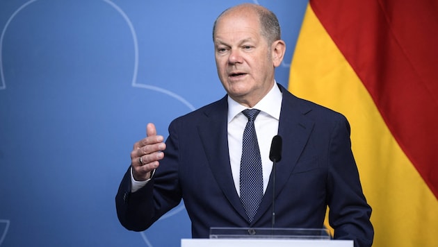 German Chancellor Olaf Scholz in Sweden on May 14. (Bild: AFP)