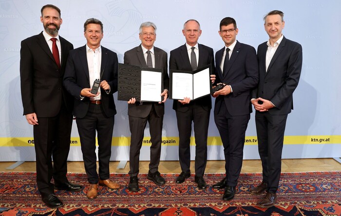 Von links: Stefan Tauschitz, Landesrat Daniel Fellner, Landeshauptmann Peter Kaiser, Innenminister Gerhard Karner, Landeshauptmann-Stellvertreter Martin Gruber und Markus Popolari.