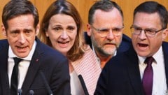 Jan Krainer (SPÖ), Dagmar Belakowitsch (FPÖ), Sepp Schellhorn (NEOS) und August Wöginger (ÖVP, v.l.): Beim Thema Vermögenssteuer ging es am Mittwoch im Parlament heiß her. (Bild: Krone KREATIV/APA)