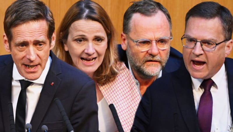 Jan Krainer (SPÖ), Dagmar Belakowitsch (FPÖ), Sepp Schellhorn (NEOS) und August Wöginger (ÖVP, v.l.): Beim Thema Vermögenssteuer ging es am Mittwoch im Parlament heiß her. (Bild: Krone KREATIV/APA)