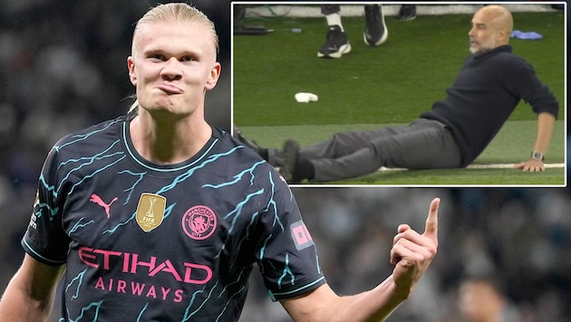 Erling Haaland scored twice. Guardiola sank to the ground stunned by one scene. (Bild: Copyright 2024 The Associated Press. All rights reserved, twitter.com/CFC_Janty)