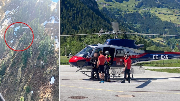 Im Bereich des roten Kreises kam der Deutsche nicht mehr weiter. Die Libelle Tirol barg den Wanderer in Zusammenarbeit mit der Bergrettung Mayrhofen und flog den Unverletzten ins Tal. (Bild: ZOOM Tirol/Flugpolizei)