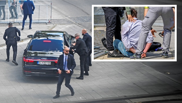 The seriously injured head of government was taken to his car by his bodyguards and immediately taken to hospital. The suspected assassin was arrested on the spot (small picture). (Bild: Krone KREATIV/Reuters)