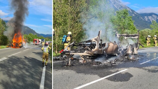 Karavan tamamen alevler içinde kalmıştı. Sonunda geriye pek bir şey kalmadı. (Bild: ZOOM Tirol)