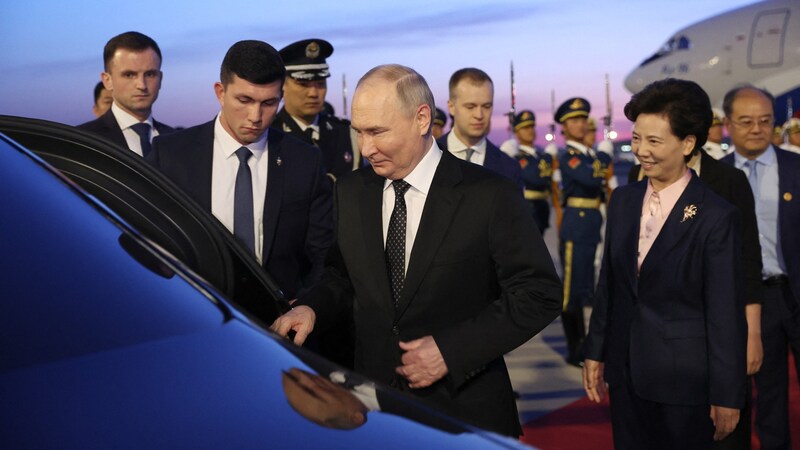 Putin mit dem chinesischen State Councilor Shen Yiqin am Flughafen Peking (Bild: AFP/Alexander RYUMIN / POOL / AFP)