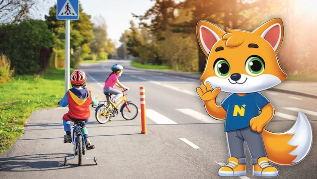 „Toni“, der Verkehrsfuchs, soll Kindern spielerisch das richtige Verhalten im Straßenverkehr beibringen. (Bild: Land NÖ stock.adobe.com, Krone KREATIV)