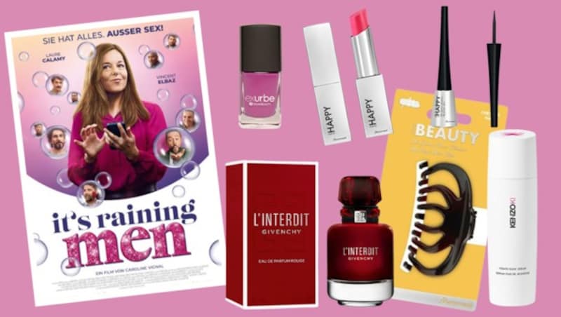 Gewinnen Sie zum Kinostart von „It‘s raining men“ Beauty-Packages mit Parfum, Make-up, Eyeliner uvm. von Top-Marken wie Marionnaud, Kenzo, Givenchy und Exurbe. (Bild: Krone KREATIV/Filmladen, Marionnaud, Kenzo, Givenchy)