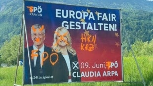 Ein Plakat der roten EU-Spitzenkandidatin Claudia Arpa wurde von Unbekannten massiv ...