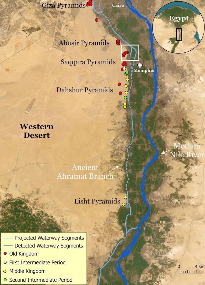 The researchers were able to map an approximately 64-kilometer-long dried-up branch of the river (see graphic), which is buried under farmland and desert. (Bild: Nature/Eman Ghoneim et al.)