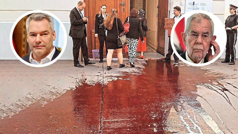 Farbanschlag eines Aktivisten auf Ministerin Edtstadler: Kanzler und Bundespräsident sind indes Opfer von hinterhältigen Drohungen. (Bild: Mag. Dr. Dieter Reinisch, Reinhard Holl, EPA/Igor Kupljenik)