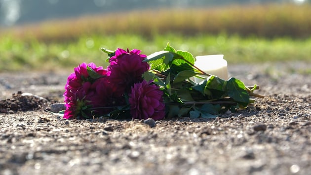 Eine Trauerblume am Tatort der Tragödie in Naarn (OÖ). (Bild: Einöder Horst)